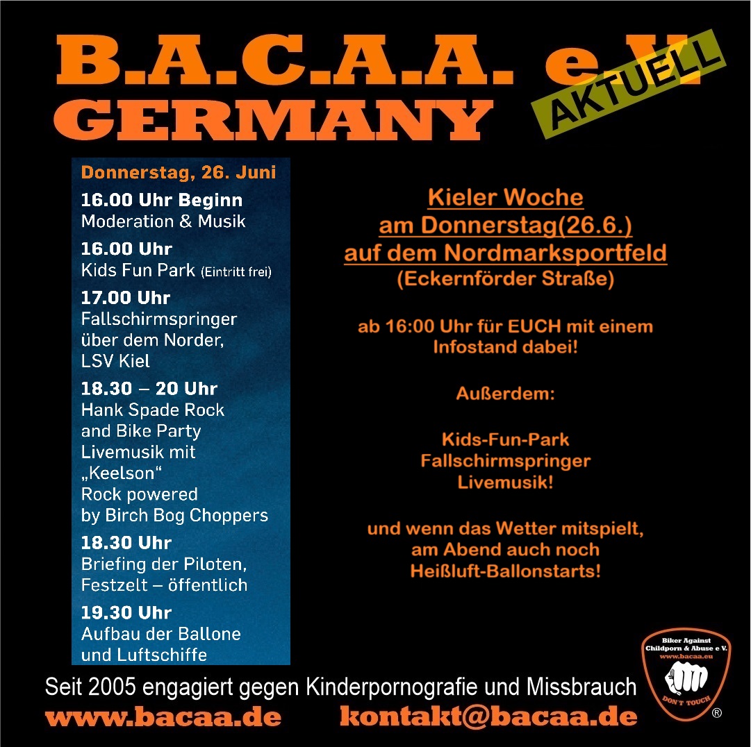 Kieler Woche Balloon Sail  mit BACAA-Infostand am Donnerstag zur Hank Spade Rock-and-Bike-Party 🗓 🗺